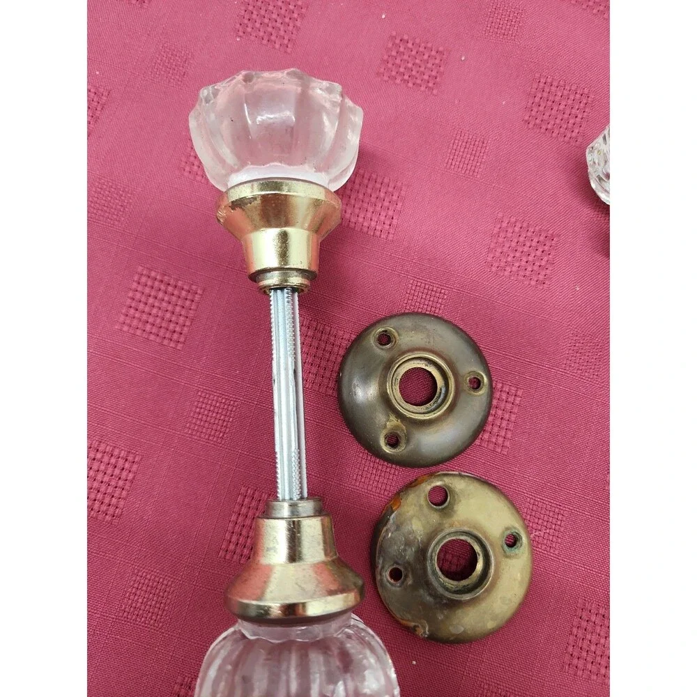 Vintage 12 Point Crystal Door Knob Sets With Spindle And Bezels Lot Of 2 ~ 1930s